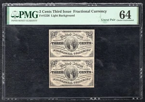 UNCUT PAIR FR. 1226 3 CENTS THIRD ISSUE FRACTIONAL NOTES PMG UNCIRCULATED-64 - Picture 1 of 2