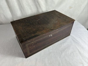 Antique TIN Pipe Tobacco Cigar HUMIDOR BOX with Wood Grain & Gold Finish - Picture 1 of 12