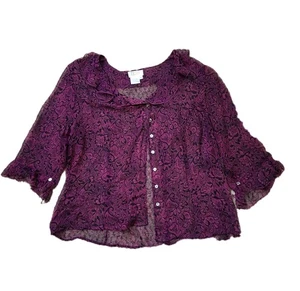 Tess Women Top 1X Purple Black 100% Silk Flowy Ruffle Blouse Office Shirt - Picture 1 of 11
