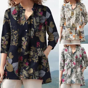 Women Linen Cotton Floral Print Shirt Blouse 3/4 Sleeve Summer Casual Loose Tops - Picture 1 of 8