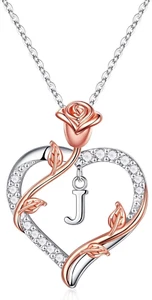 Rose Heart Initial Necklace Gifts for Women Girls, Letter Pendant Necklaces for - Picture 1 of 7