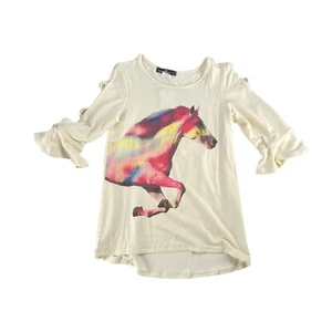 Love Alexa Girls Top Size M Colorful Horse Print Top Ruffle Sleeves M Girls Ivor - Picture 1 of 7