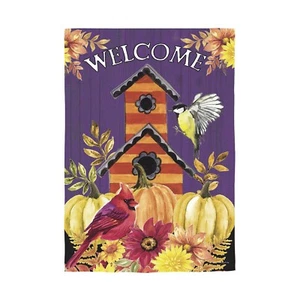 Welcome Fall Bird House 14M11938 sempreverde MOIRE bandiera da giardino 12,5” x 18” - Foto 1 di 6