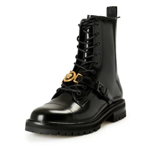 Versace Hombres Cuero Negro Dorado Medusa Combate Motocicleta Botas Zapatos US 7 IT 40 - Imagen 1 de 8