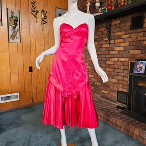 Vtg 80s Prom Queen Drop Waist Mermaid Strapless Satin Jacquard Party Dress S/M - Picture 1 of 10