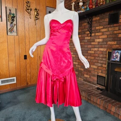 Vtg 80s Prom Queen Drop Waist Mermaid Strapless Satin Jacquard Party Dress S/M - Image 1 of 4