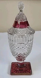 Cranberry Diamantschliff Spitze Standfuß Deckel Bonboniere 9" hoch Vintage - Bild 1 von 12