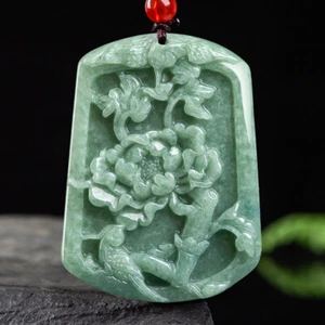 Hochwertiger neuer 100 % natürlicher grüner Jade Jadeit Pfingstrose Blume Bambus Anhänger - Bild 1 von 7