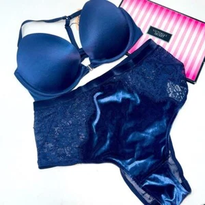 Victoria's Secret Navy Blue Lace Bra and Panty Set PUSH-UP BRA SET 32D// M NEW - Picture 1 of 7