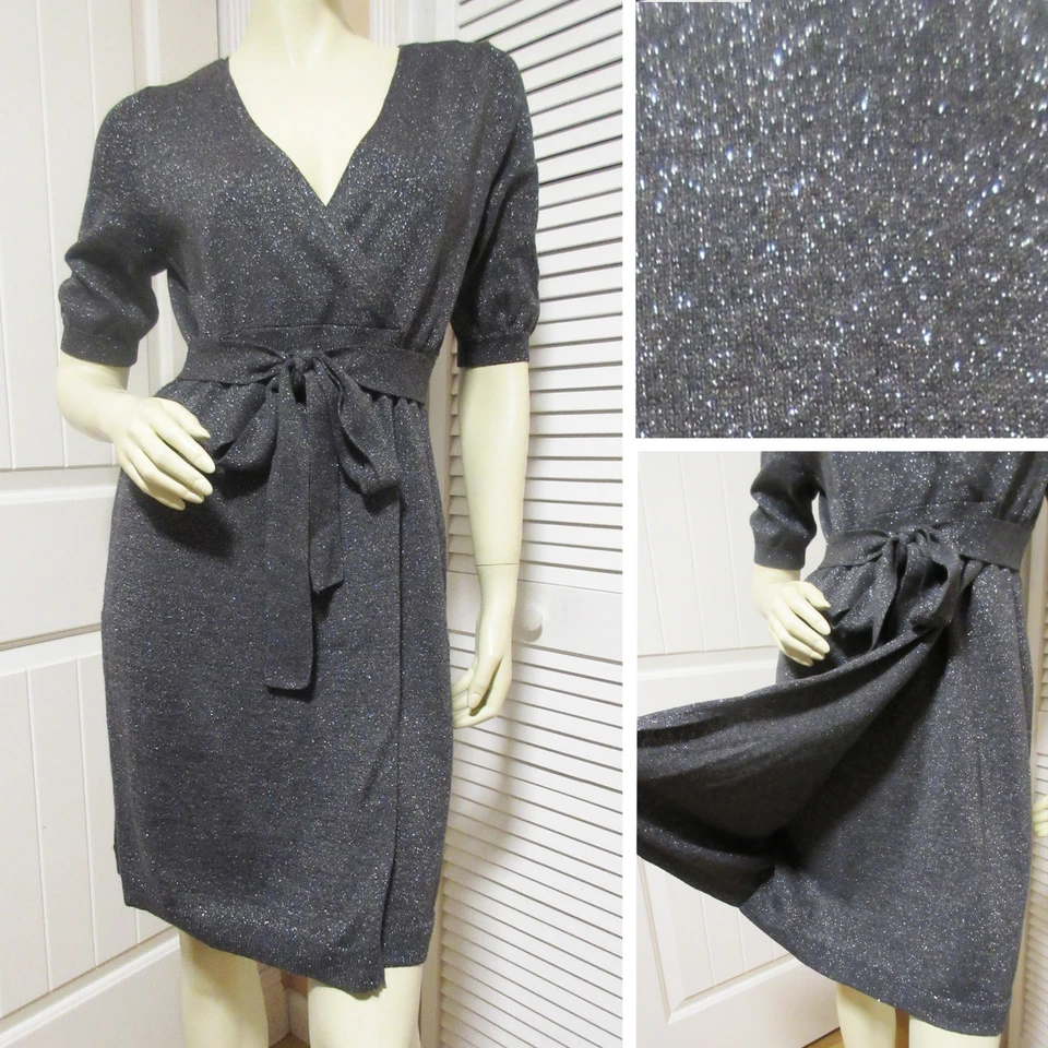 Vintage 90s 80s Liz Claiborne V-Neck Wrap Silver Glitter Dress Gray Sparkly Glam - Image 1 of 4