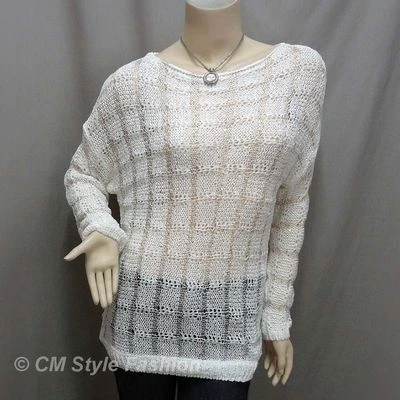 Blusa Suéter Top Blanco Encaje Tejido Lentejuelas Cuello Barco M Foto 1 de 4