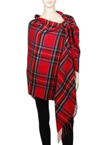 Oversized 100% Cashmere Thick Shawl Poncho Blanket Tartan Stripe Warm Scarf - Picture 1 of 14