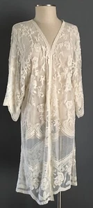 Cream Sheer Lace Open Front Knee Length Floral Embroidered Topper/Duster S/M - Picture 1 of 9
