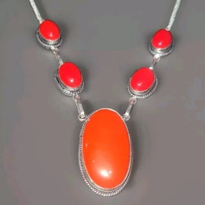Red Coral 925 Silver necklace. 18 inch Beautiful! PRETTY!large Oval Smart 3980 - Picture 1 of 8