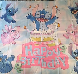 Stitch & Angel Happy Birthday Banner From Lilo & Stitch Nylon Photo Backdrop 3x5 - Picture 1 of 6