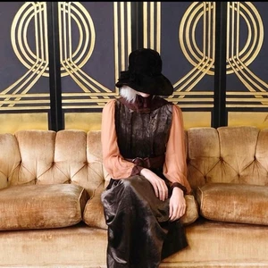 Antique Velvet Dress 1920s, Sheer Sleeves, Brown, Belted - Picture 1 of 14