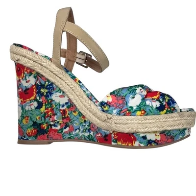 Floral Wedge Espadrille Sandals Ankle Strap Platform Womens Size 8 Bright Flirty - Image 1 of 4