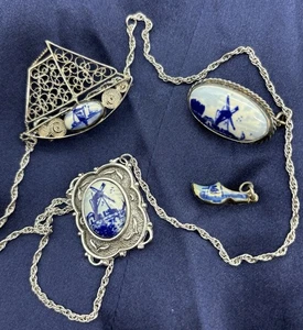 Vintage blau/weiß Delft Holland 835 Silber Brosche (2), Halskette & Anhänger Set - Bild 1 von 10