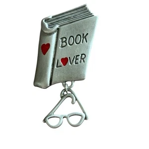 Vintage L Razza Brooch Pin Book Lover Eyeglasses Reading Theme Metal Silver Tone - Picture 1 of 7