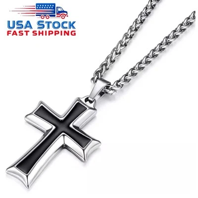 Collar colgante de cruz de acero inoxidable con cadena de trigo HZMAN para hombre Foto 1 de 4