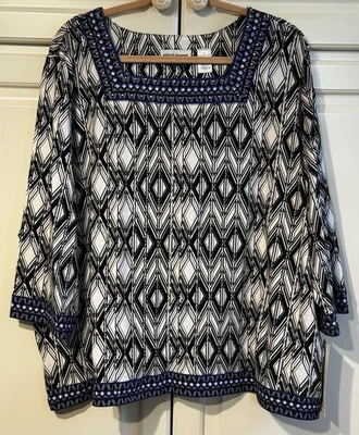 ALFRED DUNNER 3/4 Sleeve WHITE/BLACK Cotton Argyle Rhinestone Tunic Blouse 3XL - Image 1 of 4