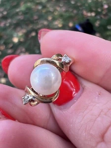 14k Solid Gold Diamond & Pearl Ring 6.5mm Pearl 2.22g - Picture 1 of 10