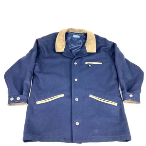 Pendleton 100% Pure Virgin Wool Mens Medium Blue Leather Trim Coat Thinsulate 3M - Picture 1 of 12