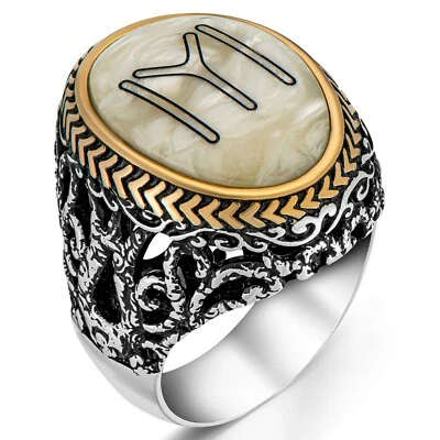 Massiver 925 Sterling Silber Kayi Stamm Symbol auf Perlmutt Stein Herren Ring - Bild 1 von 4