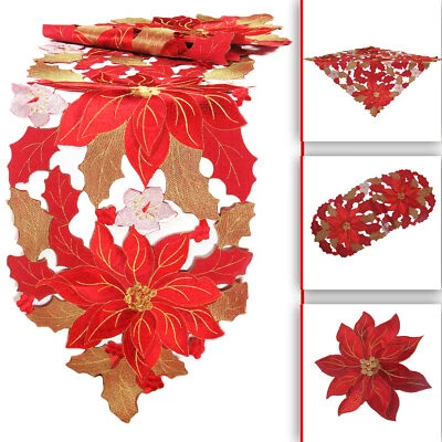 POINSETTIA Embroidery Table Runner Tablecloth Doilies Advent Christmas Red - Image 1 of 3