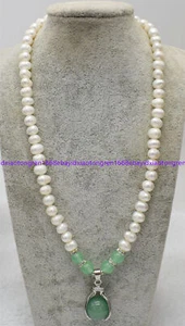 Natural 7-8mm White Freshwater Pearl & Green Jade Gems Pendant Necklace 18 Inch - Picture 1 of 12