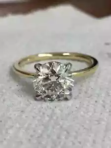 2CT Round-Cut Real Moissanite Solitaire Engagement Ring 14K Yellow Gold Plated - Picture 1 of 7