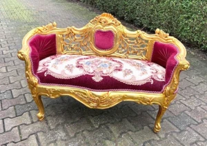 Sofa - Französischer Louis XVI Stil, roter Samt, handgeschnitztes Goldgestell... - Bild 1 von 13