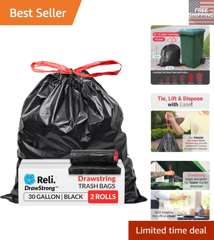 Reli. 30-33 Gallon Trash Bags Drawstring (150 Bags) Large 33 Gallon Trash Bags