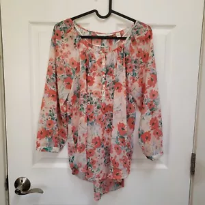 LC Lauren Conrad Coral Poppy Floral Sheer 3/4 Sleeve Popover Blouse Top Womens M - Picture 1 of 6