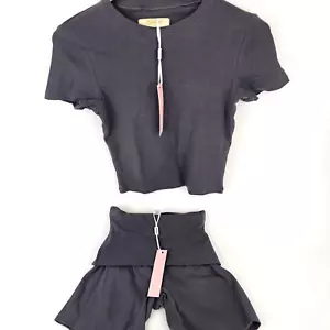 Women's Small Grey 2 Piece Lounge Crop Top Slim Fitted Short Set Trasuits Comfy - Picture 1 of 9