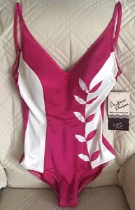 1980s NWT De Weese Designs Fuchsia & White Sea Leaves One Piece Swim Suit Sz 16 - Picture 1 of 13