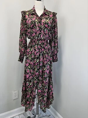 Misa Katja платье маленький Fuchia цветочный шифоновое полу чистый кнопка рубашка оборки - Изображение 1 из 4