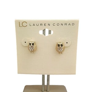 LC LAUREN CONRAD Women's Gold Plated Owl Stud Rhinestone Earrings NWT - Picture 1 of 4