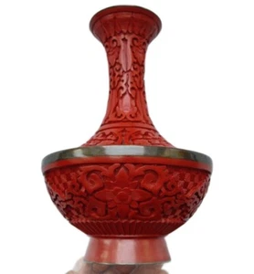 Chinese Hand Carved Red Lacquer Cinnabar Vase Porcelain Copper Enamel China - Picture 1 of 12
