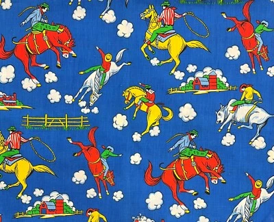 Vintage Fabric Rodeo Bull Rider Western Blue Multicolor 1 yd. x 43” wide - Image 1 of 2