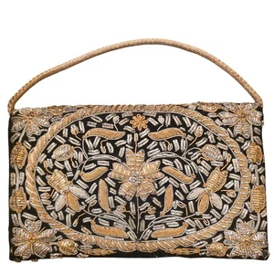 Borsa da sera vintage ricamata nera oro floreale India fatta a mano art deco glam - Foto 1 di 8