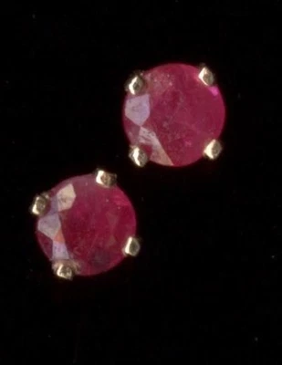 14K 1/4 Carat Solid Yellow Gold Round Red Lab-Created Ruby Solitaire Earrings An - Image 1 of 2