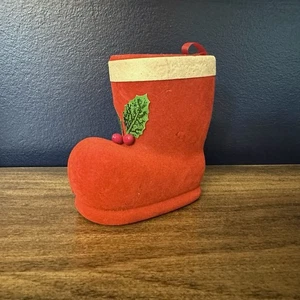 Vintage rot Santa Stiefel beflockt Kunststoff kitschig Weihnachten Süßigkeiten Behälter Pflanzgefäß 4" - Bild 1 von 8