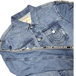 True Religion Men’s Denim Trucker Jacket Logo Taping Blue Jean Coat X-Large New - Picture 1 of 16