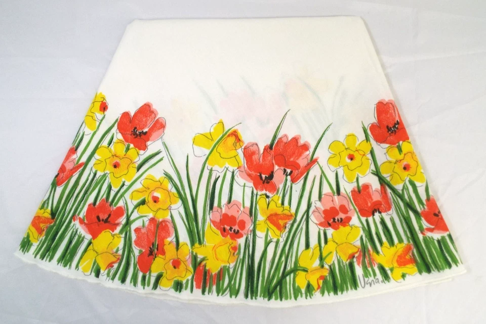 Vintage Vera Neumann Signed Round Linen Cotton Floral Tablecloth Daffodils 68" - Image 1 of 4
