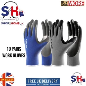 10 Pairs Work Gloves Men Women Nitrile Rubber Coated Non-slip Grip Blue Grey Med - Picture 1 of 7