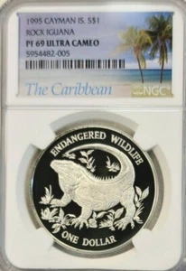 1995 CAYMAN ISLANDS SILVER 1 DOLLAR ROCK IGUANA NGC PF 69 ULTRA CAMEO TOP POP - Picture 1 of 4