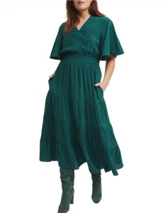 Witchery womens Flutter Sleeve Dress size 12 green viscose tiered midi pockets - Picture 1 of 17