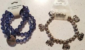 4 Stretch BRACELETS 3 Blue Beads Faith Charm 1 Metal Elephants - NEW - Picture 1 of 10