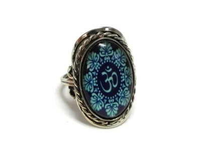 Blue Om Sign Mandala Silver Metal Adjustable Ring Boho Spiritual Nature Jewelry Foto 1 de 2
